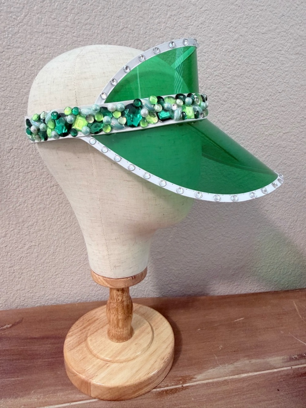Y2K Green Tinted Visor Hat Rhinestone & Pearl Embellished Statement Sun Visor
